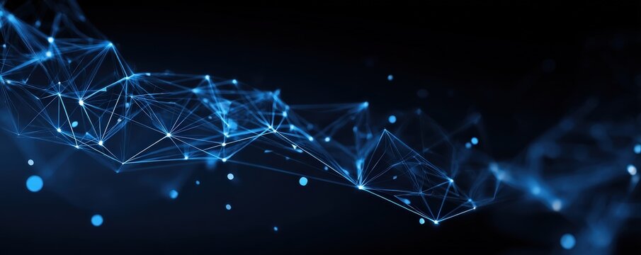 A digital network of blue, interconnected lines and nodes against a dark background, representing data flow and technology. - Powered by Adobe