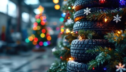 Festive tires in a colorful auto shop with christmas tree and lights
