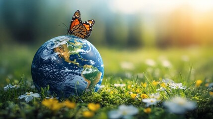 A vibrant monarch butterfly delicately poised upon a miniature Earth globe nestled amidst lush greenery. The image depicts environmental conservation and the interconnectedness of nature.