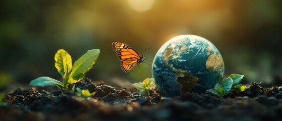 A vibrant orange butterfly flutters gracefully past a miniature, pristine Earth, with a tender shoot reaching skyward; embodying the concepts of environmental consciousness and planetary harmony.