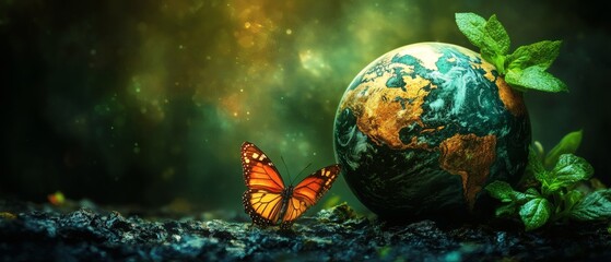A vibrant depiction of our planet, cradled by fresh leaves, accompanied by a monarch butterfly, highlighting the harmony between the environment and the natural world.