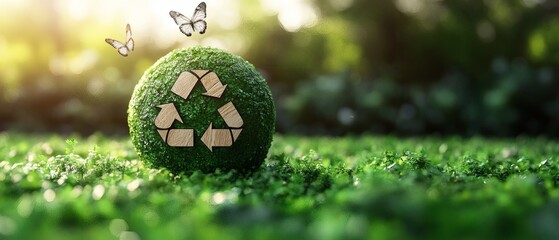 A captivating scene showcasing a globe-shaped moss structure adorned with a recycling symbol, gracefully resting on a verdant meadow, with butterflies. A symbol of environmental consciousness.