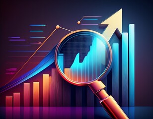 magnifying growth data analytics bar chart with upward arrow