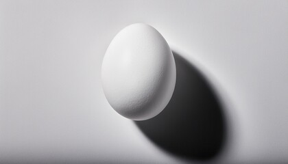 white chicken egg casting soft shadow on white background studio still life minimal food composition and organic product concept design for poster print banner postcard invitation top view