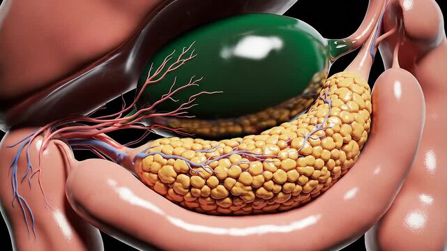 3D rendering of human pancreas, gallbladder, and duodenum in anatomical detail.