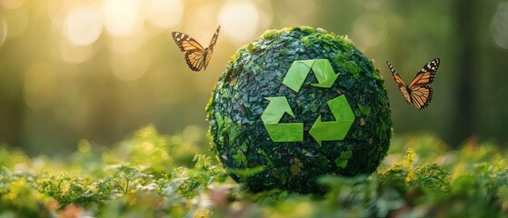 A symbolic earth-shaped emblem adorned with the universal recycling icon, harmonizing with nature and illustrating a deep-rooted commitment to conservation. Fluttering butterflies encircle.