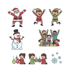 Christmas characters and people celebrating the festive season.