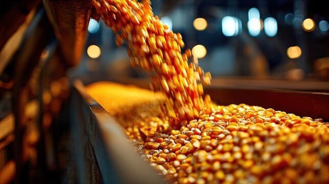 A close-up view of corn kernels pouring from a conveyor in a grain processing facility, illuminated by ambient lights.