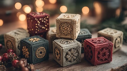 Decorative, intricately designed cubes arranged on a wooden surface, surrounded by festive elements and soft bokeh lighting.