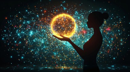 A mesmerizing digital artwork of a woman's silhouette cradling a radiant sphere of connected energy, the ethereal glow accentuates the cosmos. The artwork explores themes of potential, innovation.
