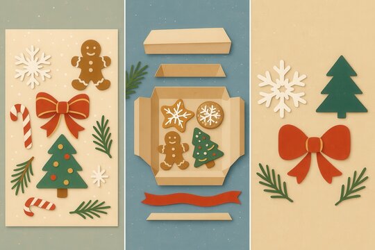 Delightful array of festive components including gingerbread cookies, pine tree cutouts, and seasonal decorations arranged in a whimsical layout evoking holiday joy and creativity