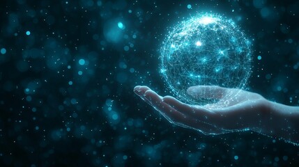 A person holds a glowing digital sphere, symbolizing the advent of innovation. A detailed futuristic art, highlighting technology and human interaction.