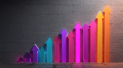 A vibrant bar graph with ascending arrows in various colors against a textured wall, symbolizing growth and progress.