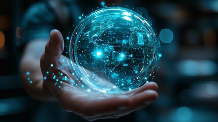 A hand cradles a luminescent digital globe, symbolizing the interconnectedness of global technology and the vast digital world.