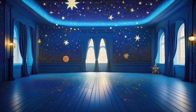 a room with a blue floor and ceiling decorated to look like the night sky filled with constellations the lighting creates dramatic shadows on the ground below
