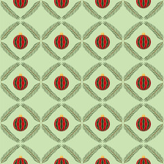 Seamless pattern with decorations for Christmas tree in red, green and yellow colours and pine branches on a light green background. Vector festive background.