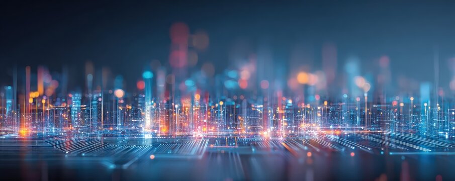 A vibrant, futuristic digital landscape with glowing lines and colorful lights, suggesting advanced technology and connectivity.