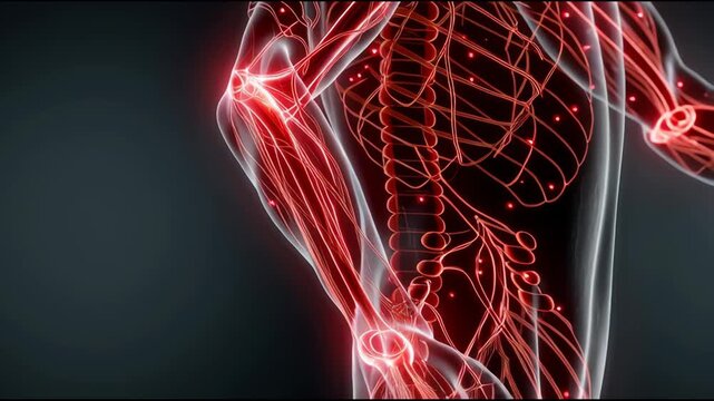 x-ray render of pain in elbow and shoulder, skeleton