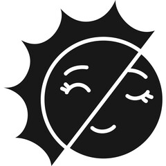 Cute Sun Icon with Closed Eyes Divided by a Line in White on Transparent Background Symbolizing No Sun or Shade