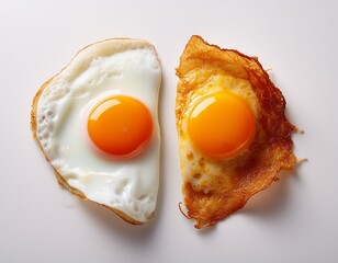 comparison of sunny side up egg vs crispy edge fried egg on white background