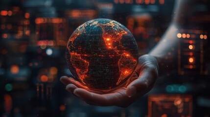 A digital Earth, held gently in a hand, glows with intricate networks of data, a symbol of technology and the planet's interconnectedness.