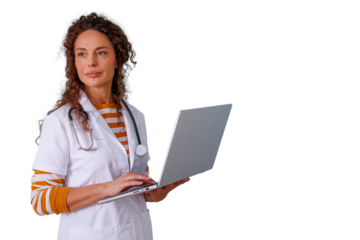 Female doctor using laptop, medical professional working with technology, transparent background for healthcare innovation