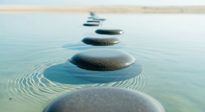 A path of smooth stepping stones stretches across clear, shallow water towards a bright horizon, symbolizing progress, challenge, and serene journeys.