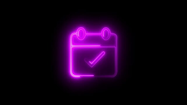 Glowing neon calendar with checkmark animation for task completion and time management. Neon purple calendar icon with checkmark glowing on black background symbolizing scheduling