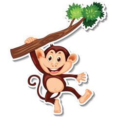 Brown Monkey Swinging On A Tree Branch With Green Leaves And A Transparent Background, Playful Primate In A Joyful Pose With A Big Smile