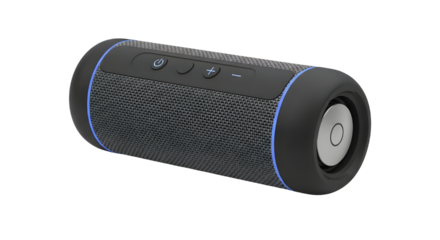 Black Portable Wireless Bluetooth Speaker isolated on white background for technology advertising