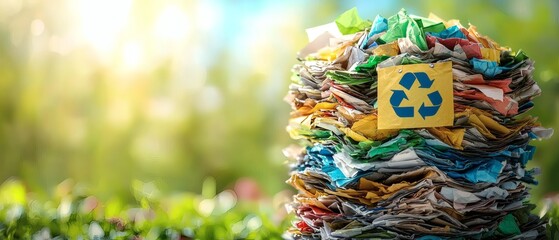 An artful composition showcases a pile of recycled paper, emblazoned with a recycling emblem amidst a soft bokeh background representing environment conservation.