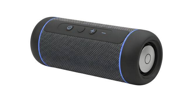 Black Portable Wireless Bluetooth Speaker isolated on white background for technology advertising