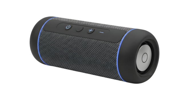 Black Portable Wireless Bluetooth Speaker isolated on white background for technology advertising