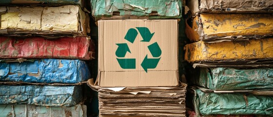 A rectangular cardboard box with recycling logo centered in the pile of the other old boxes. Emphasizing commitment and ecological responsibility.