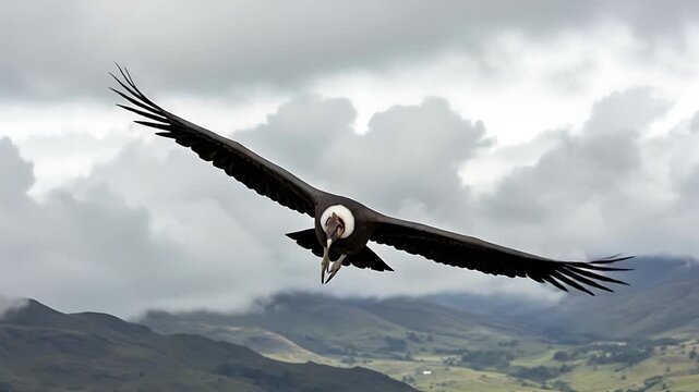 Majestic Andean Condor Soaring Freely Above Rugged Mountain Peaks and Cloudy Sky in South America