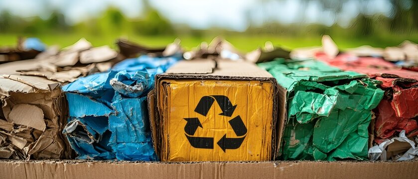 Symbol of sustainability on colorful corrugated cardboard boxes. Eco-conscious individuals embrace the beauty of recycling, a dedication to conservation, contributing to a brighter tomorrow.