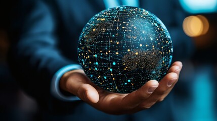 A sphere of intricate digital network held gracefully in hand, embodying the fusion of technology and human connection.