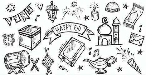 Set of Islamic doodle element related to holly Ramadan.Islamic symbols and icons with Hand Drawn Sketch style