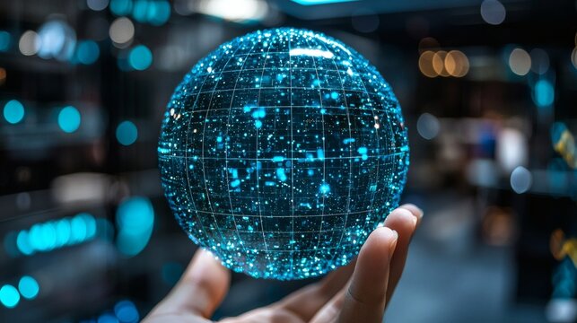A close-up view of a hand holding a glowing holographic globe, depicting advanced technological concept. This image showcases the future and innovation.
