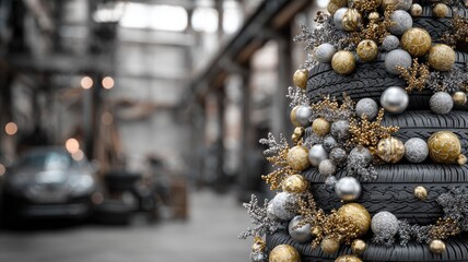 Festive holiday tree made of car tires adorned with gold and silver baubles in industrial setting
