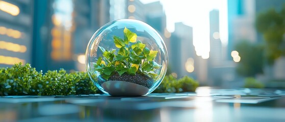 A surreal juxtaposition: A vibrant, self-contained ecosystem housed within a glass sphere, symbolizing sustainability, flourishes against a blurred urban backdrop.