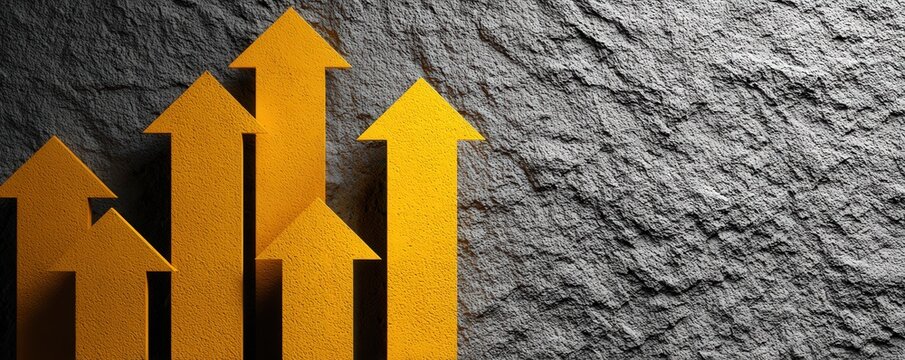 An abstract representation of growth, featuring yellow arrows pointing upward against a textured grey background, symbolizing progress and success.