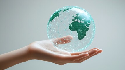 A hand delicately cradles a holographic representation of the Earth, symbolizing global interconnectedness and technological advancement. A futuristic vision of the planet within easy reach.