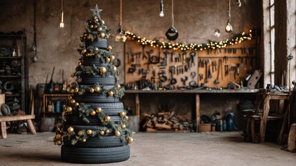 Creative christmas tree with tires in rustic workshop setting