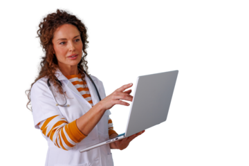 Female doctor using laptop for telehealth consultation, providing online medical care and virtual healthcare, transparent background