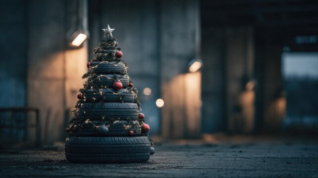Creative holiday decor: modern christmas tree made from stacked tires in industrial setting