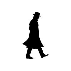 A silhouette of a man walking wearing a hat and a long coat against a plain white background view side