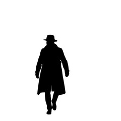 A silhouette of a person walking towards the viewer wearing a hat and a long coat on a white background