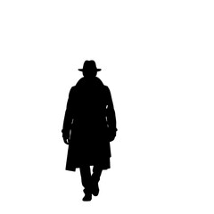 A silhouette of a person wearing a hat and a long coat walking towards the viewer on a white background