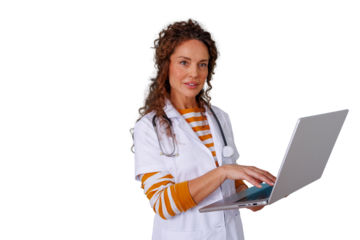 Female doctor using laptop for telehealth and digital health services, wearing lab coat and stethoscope, transparent background